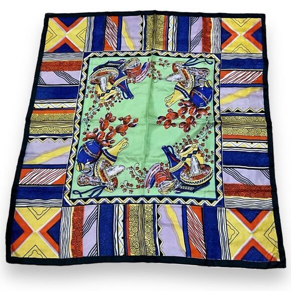 Scarf 100% Silk Mexican Fiesta Multi-Color Square Hand Rolled Hem 32” X 35” - Picture 1 of 10